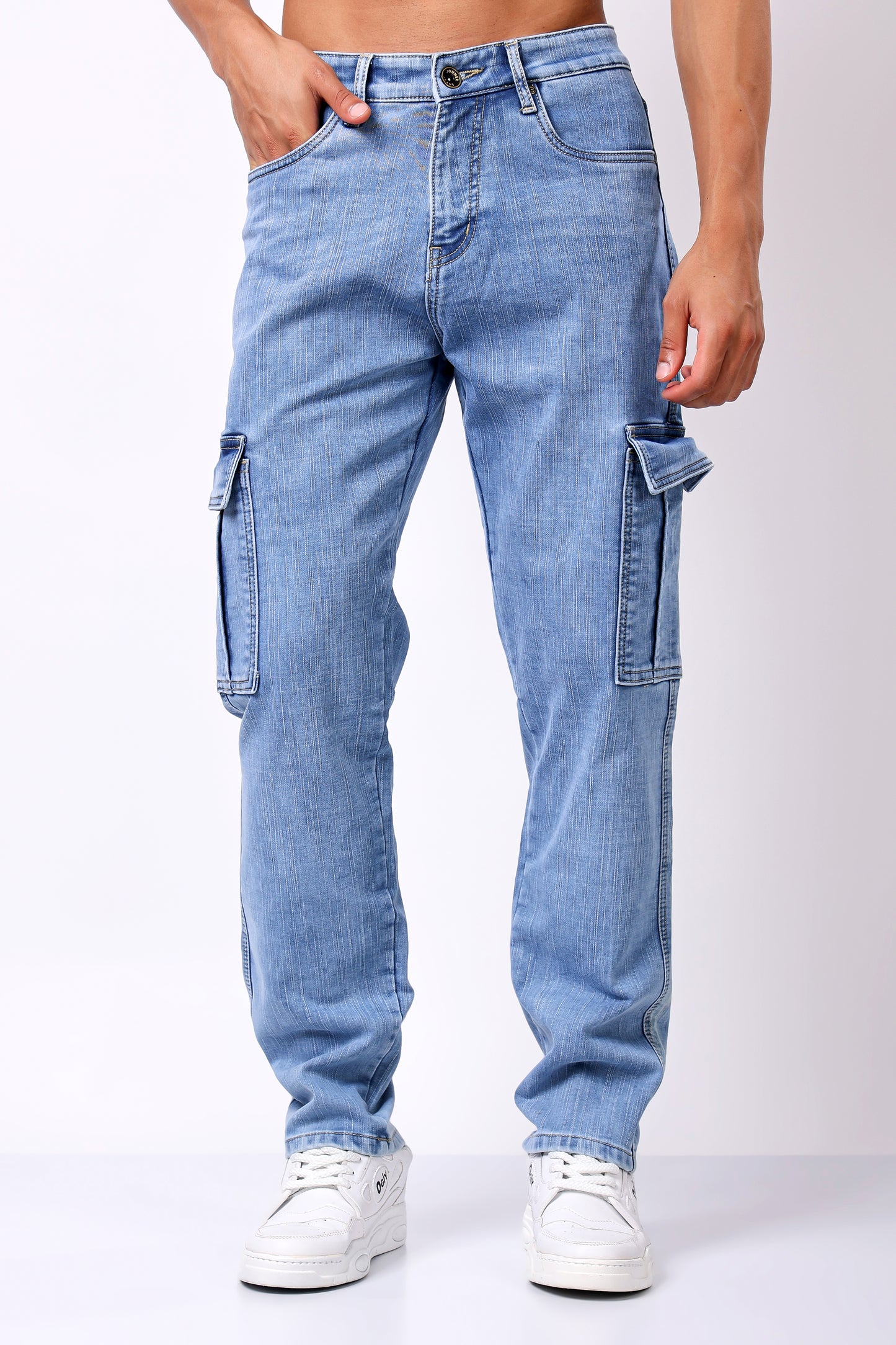 Light Blue Washed Denim Cargo Jeans with Utility Pockets
