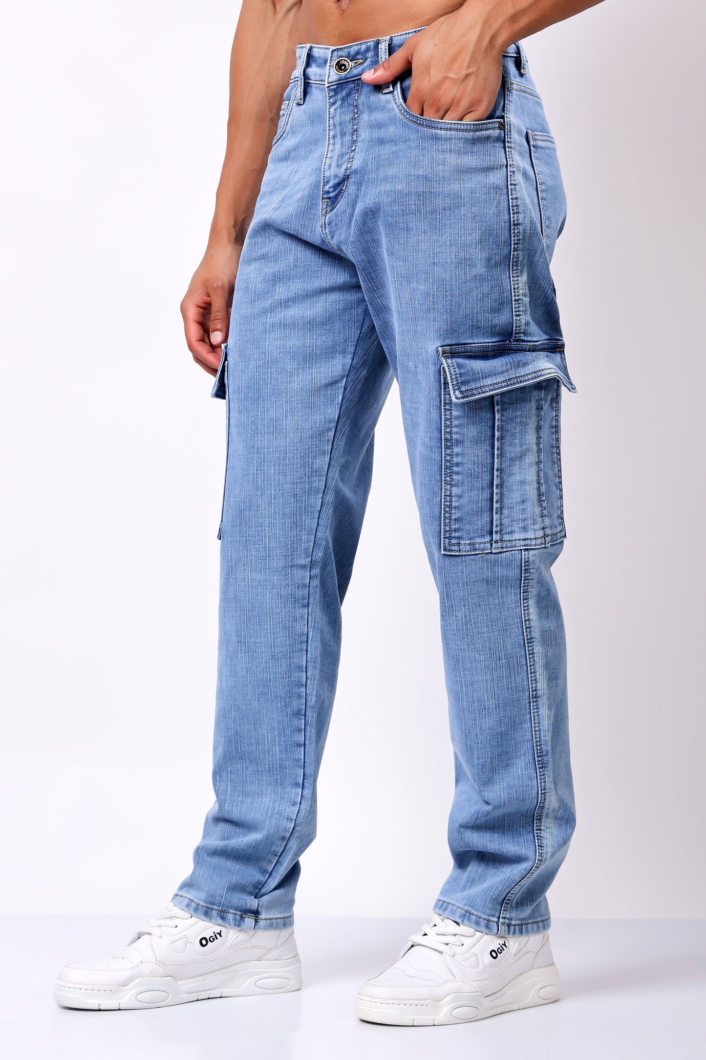 Light Blue Washed Denim Cargo Jeans with Utility Pockets