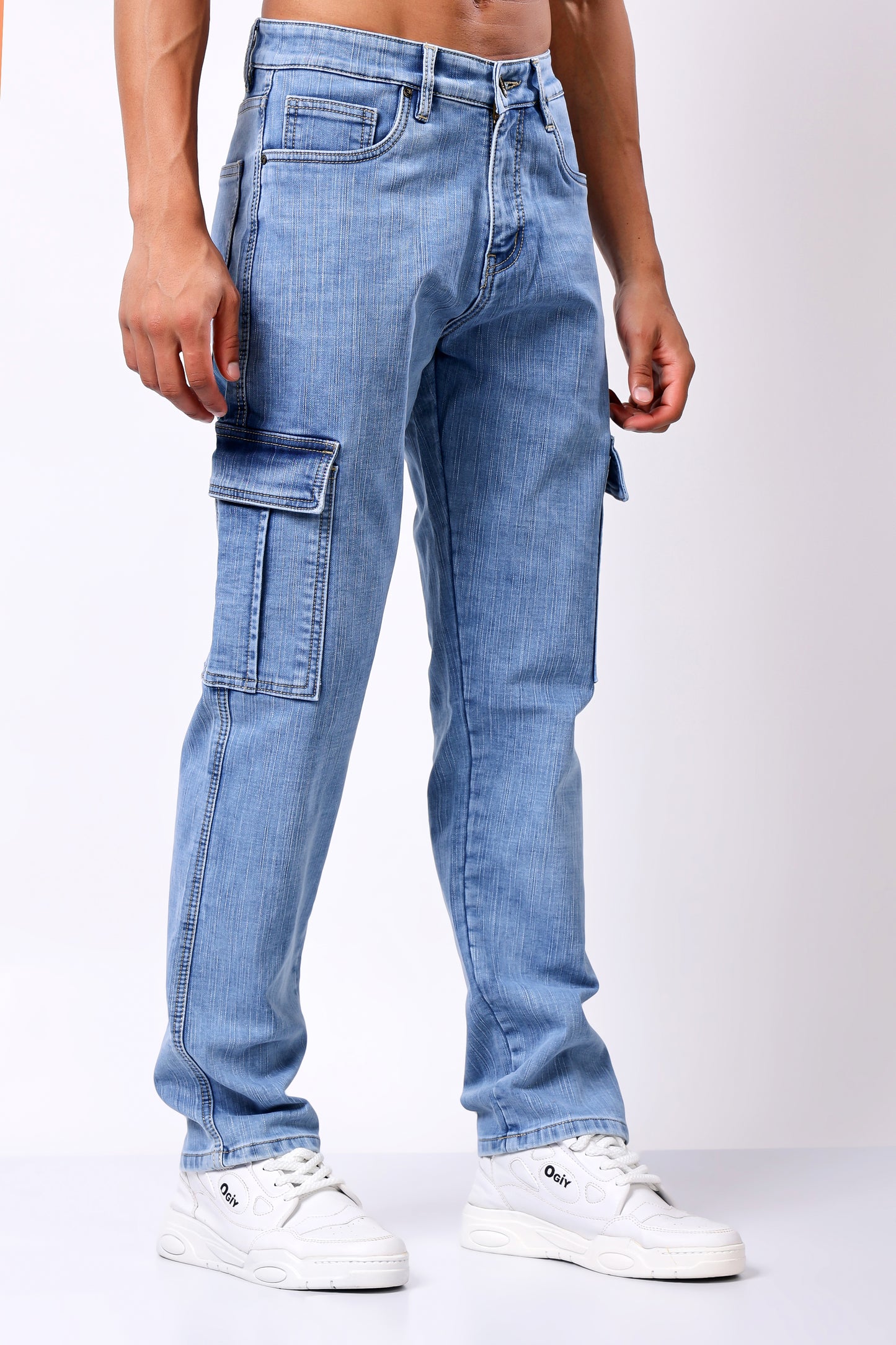Light Blue Washed Denim Cargo Jeans with Utility Pockets