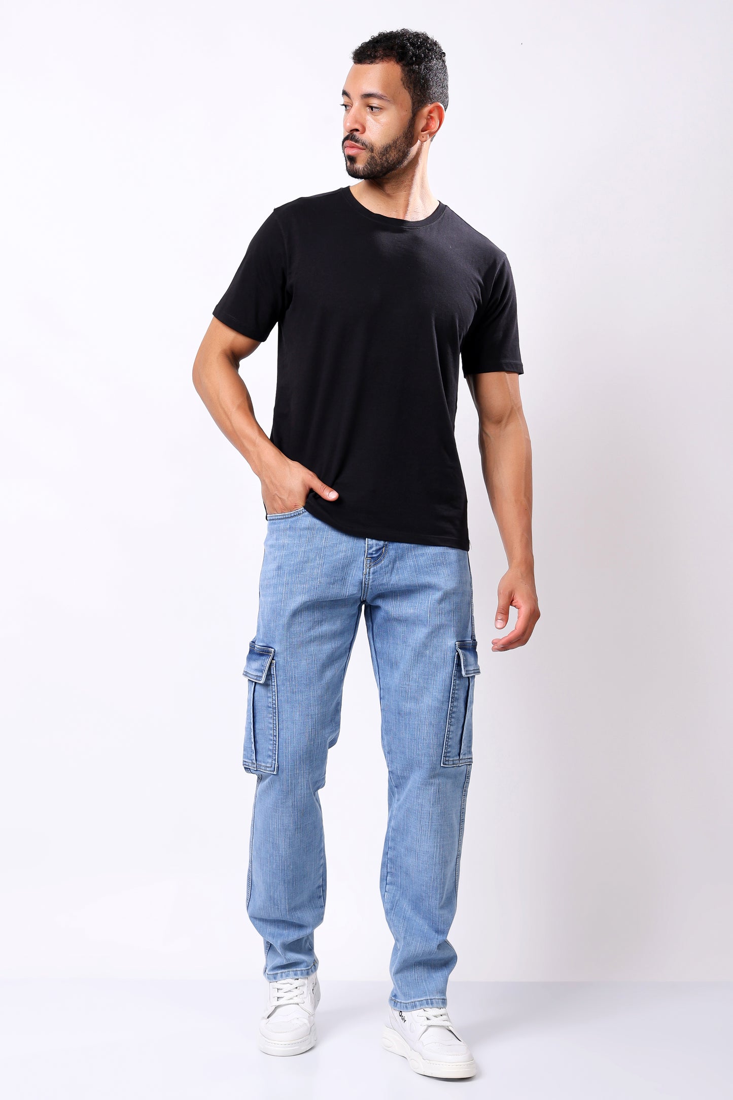 Light Blue Washed Denim Cargo Jeans with Utility Pockets