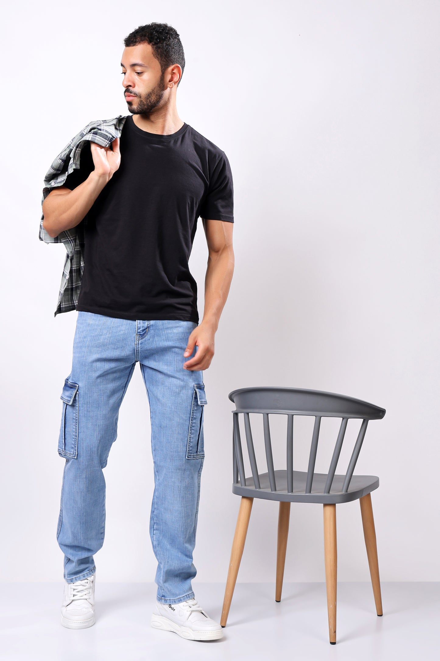Light Blue Washed Denim Cargo Jeans with Utility Pockets