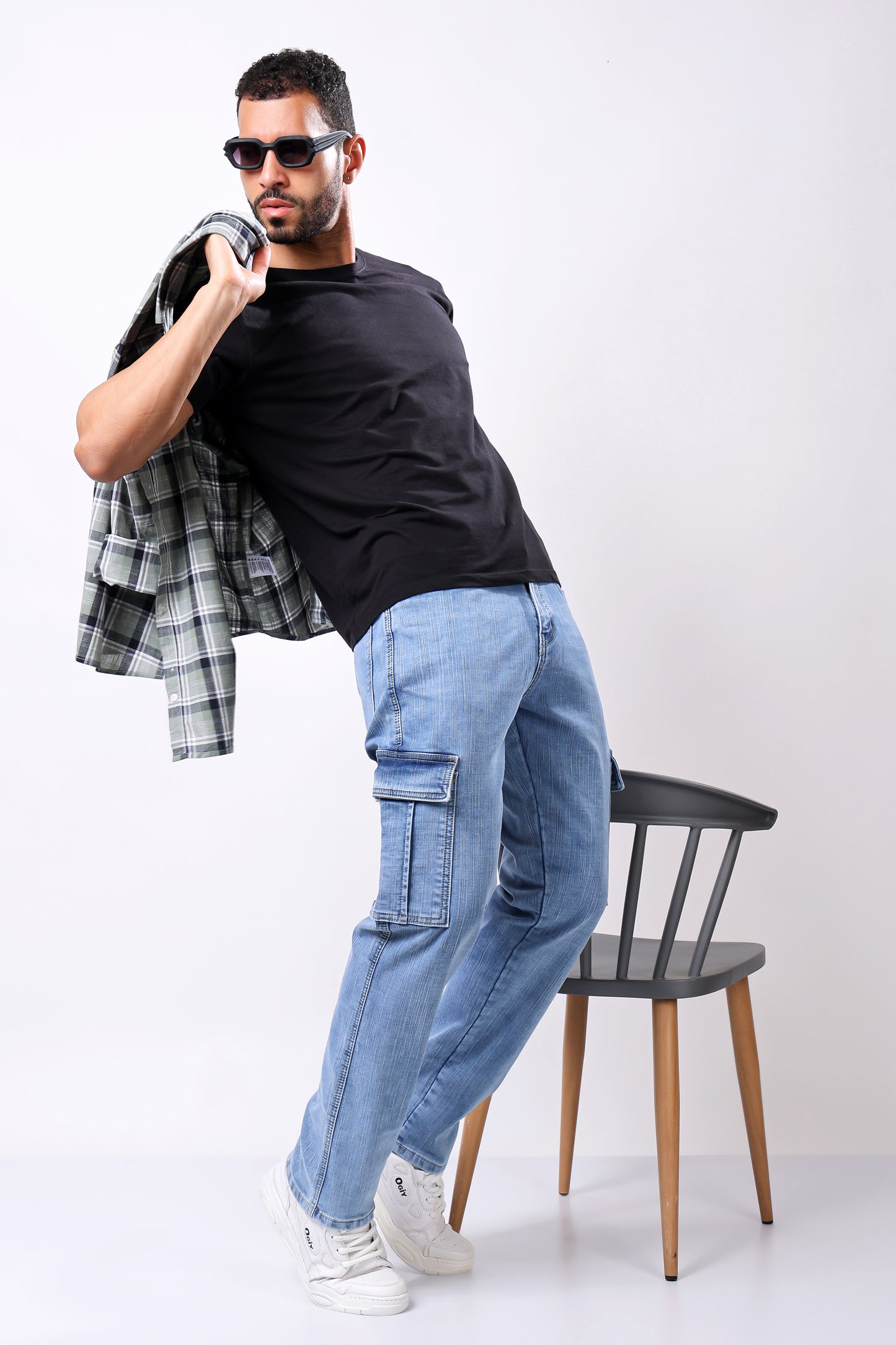 Light Blue Washed Denim Cargo Jeans with Utility Pockets