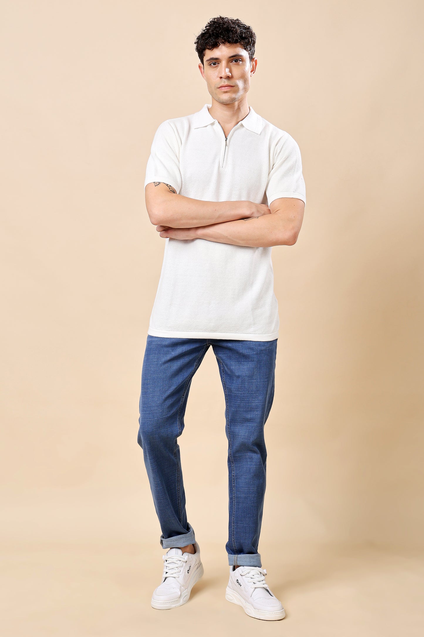 White Textured Half-Zip Polo – Smart Casual Redefined
