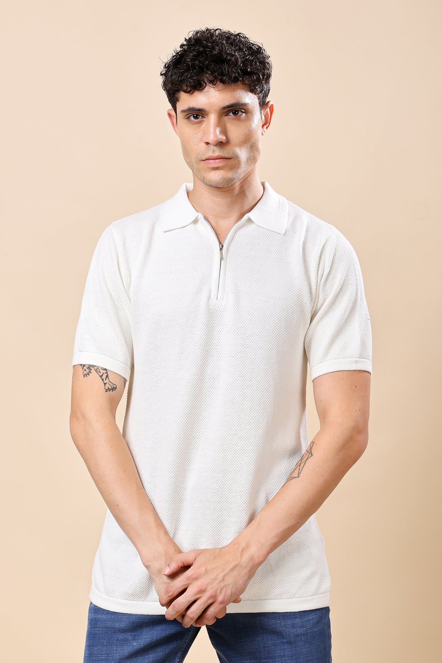 White Textured Half-Zip Polo – Smart Casual Redefined