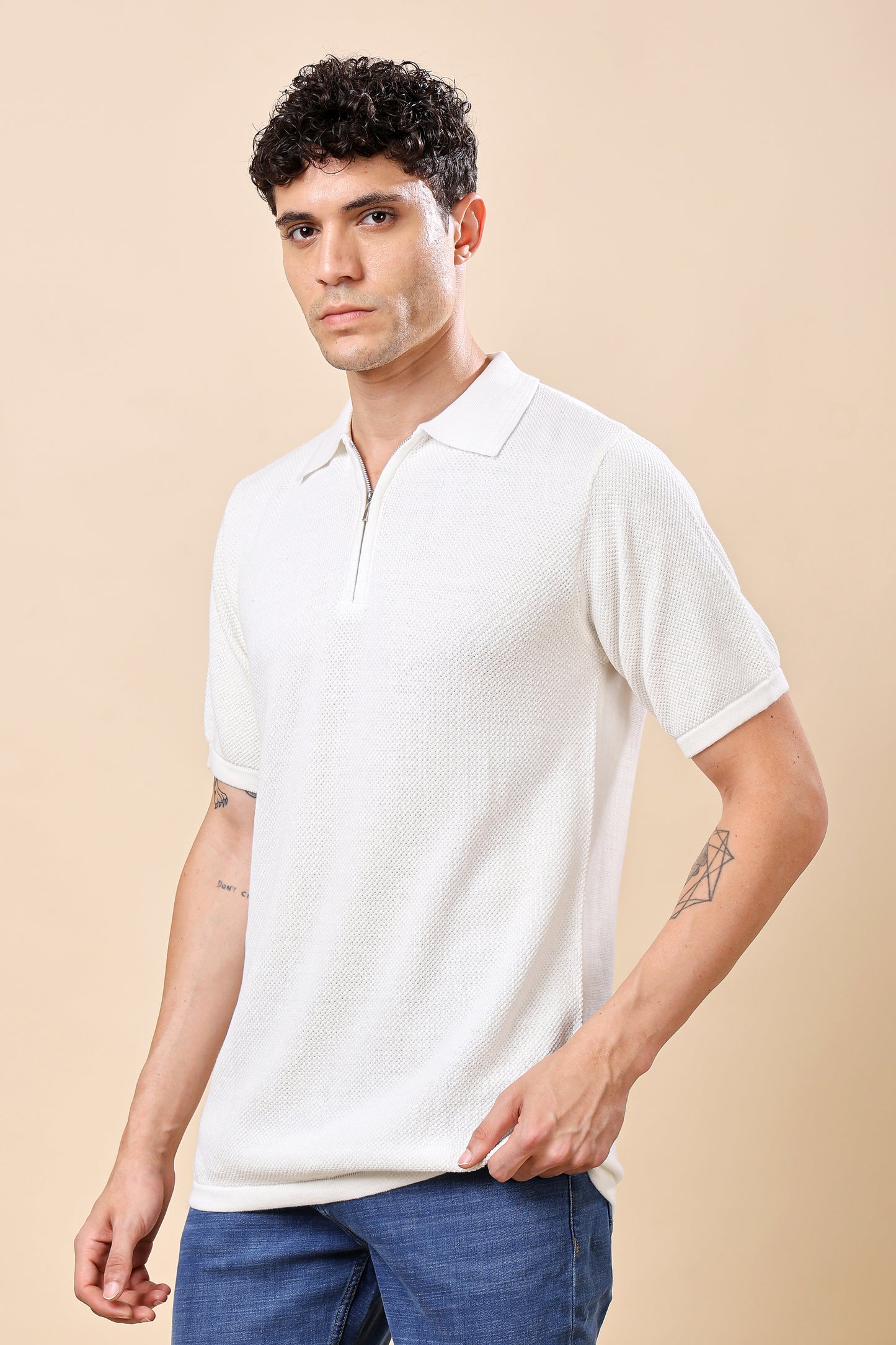 White Textured Half-Zip Polo – Smart Casual Redefined