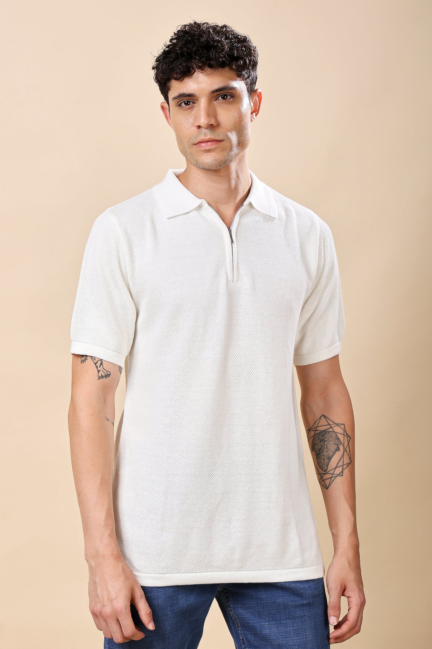 White Textured Half-Zip Polo – Smart Casual Redefined