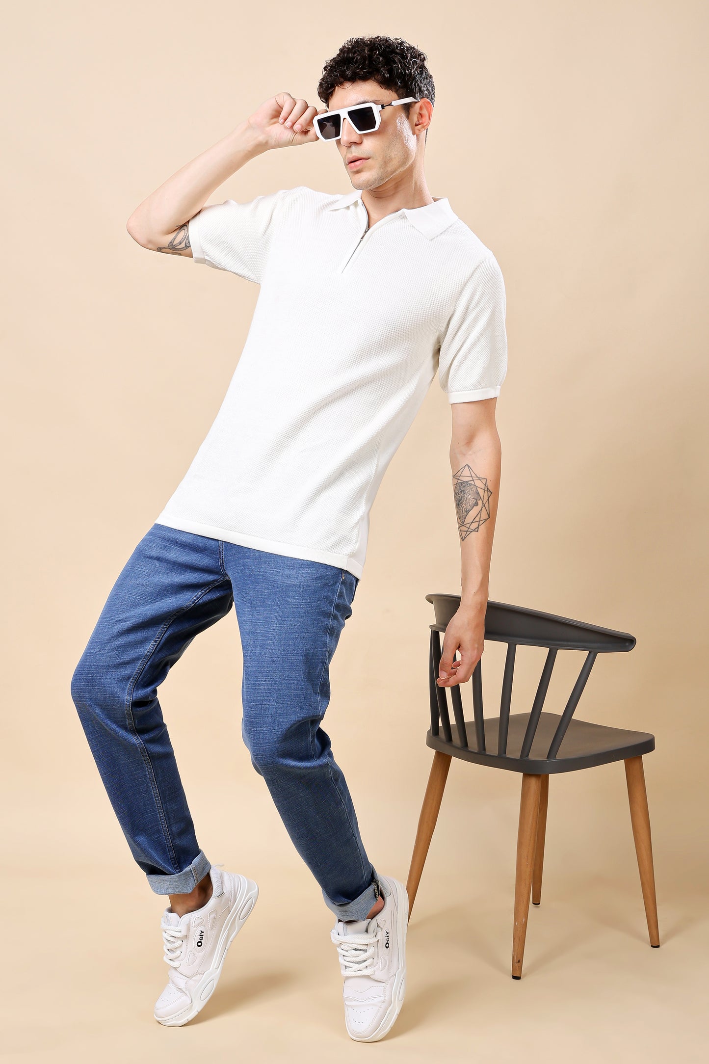 White Textured Half-Zip Polo – Smart Casual Redefined