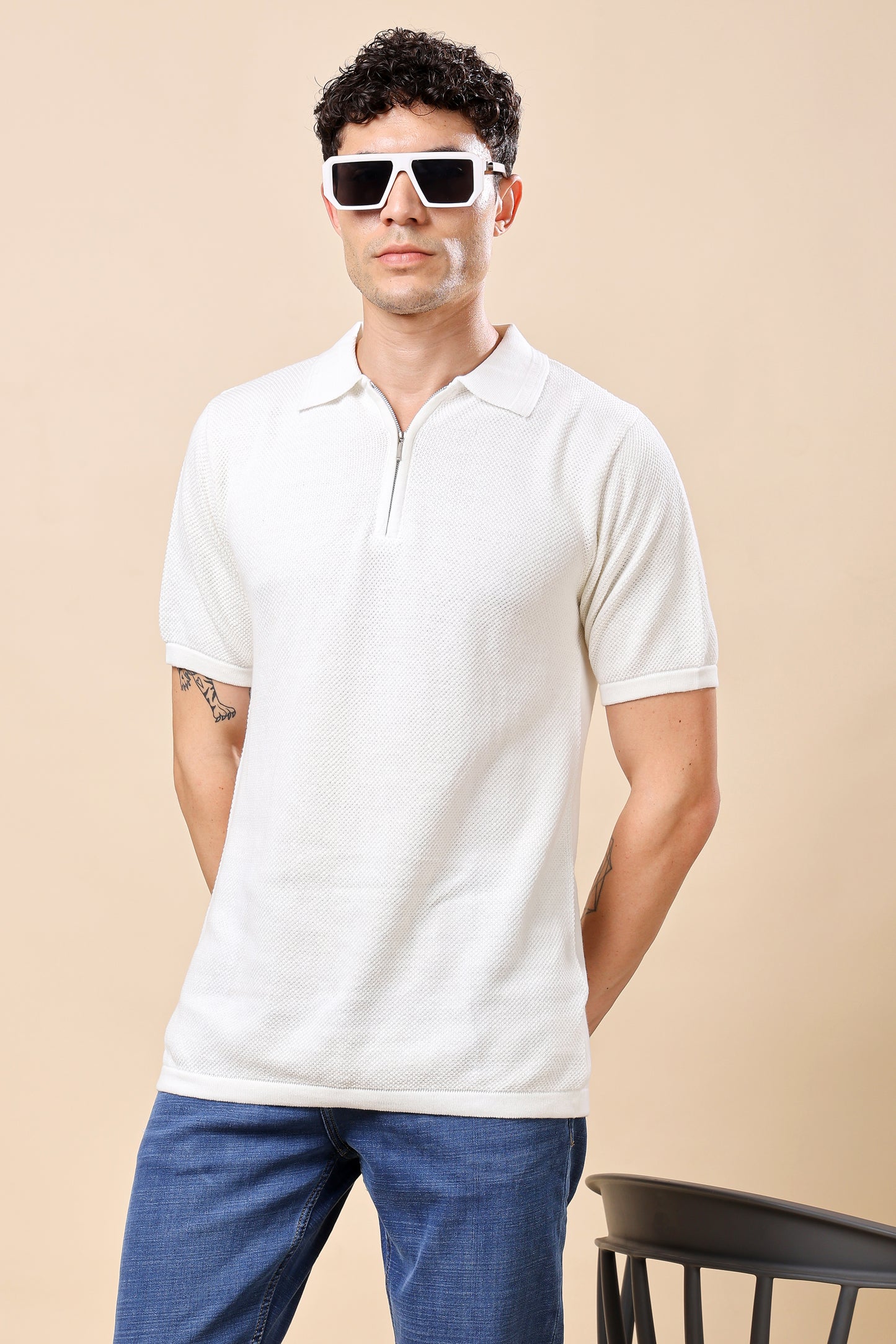 White Textured Half-Zip Polo – Smart Casual Redefined