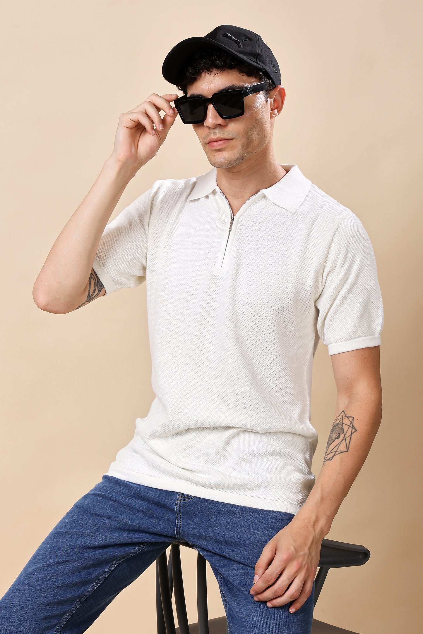 White Textured Half-Zip Polo – Smart Casual Redefined