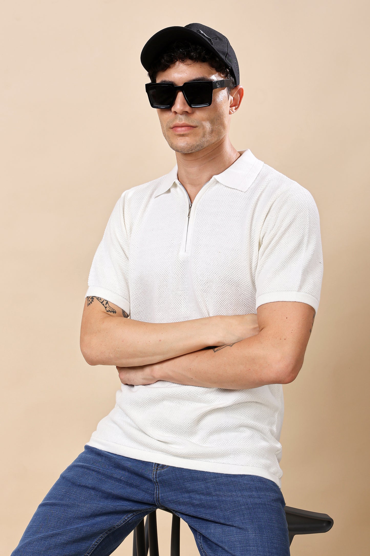 White Textured Half-Zip Polo – Smart Casual Redefined