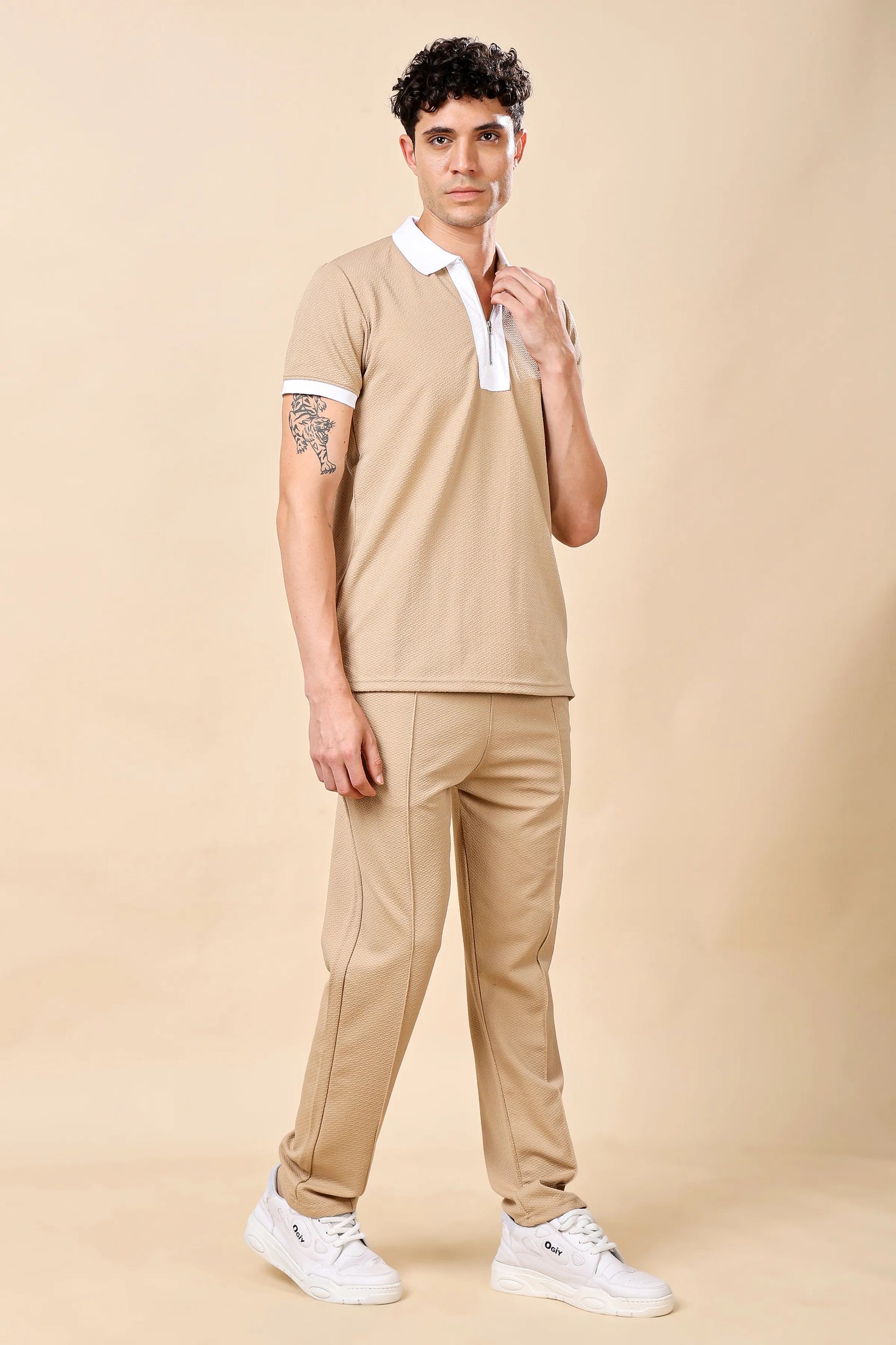 Men’s Beige Polo Co-ord Set (T-Shirt & Trousers)