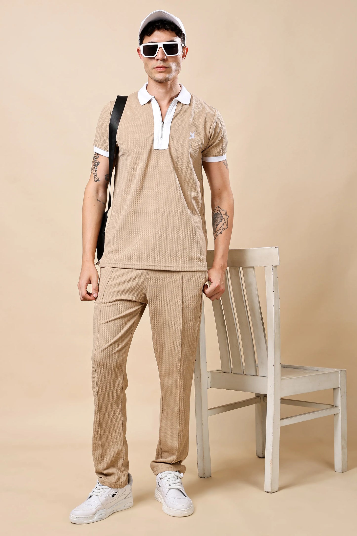 Men’s Beige Polo Co-ord Set (T-Shirt & Trousers)