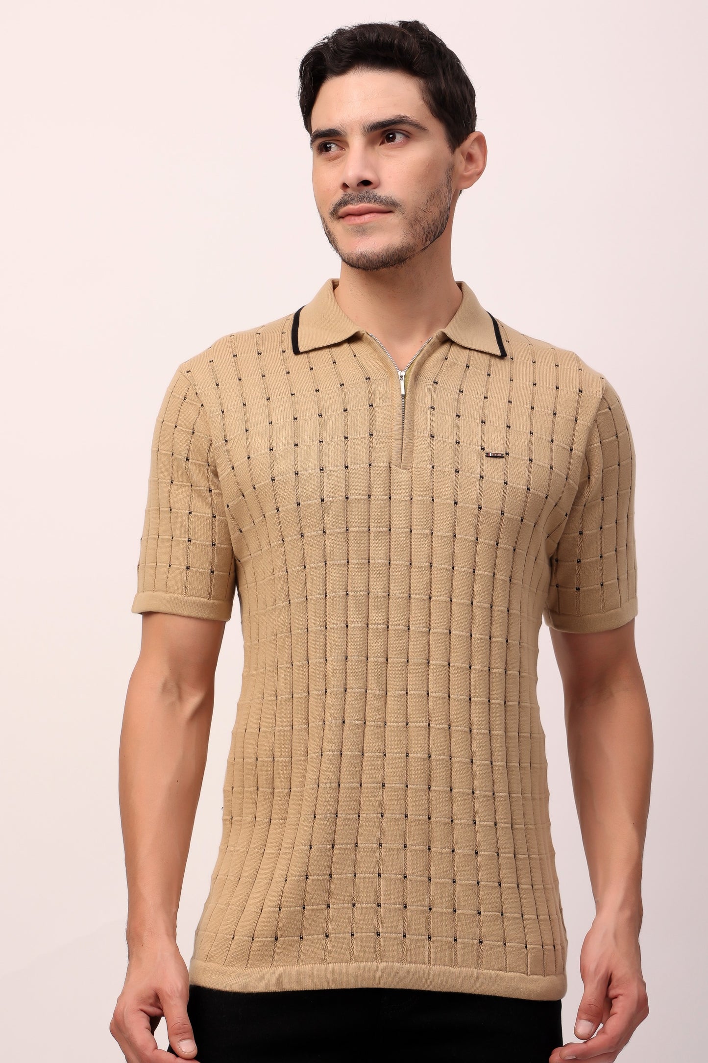 Beige Checkered Knit Polo – Effortless Smart-Casual