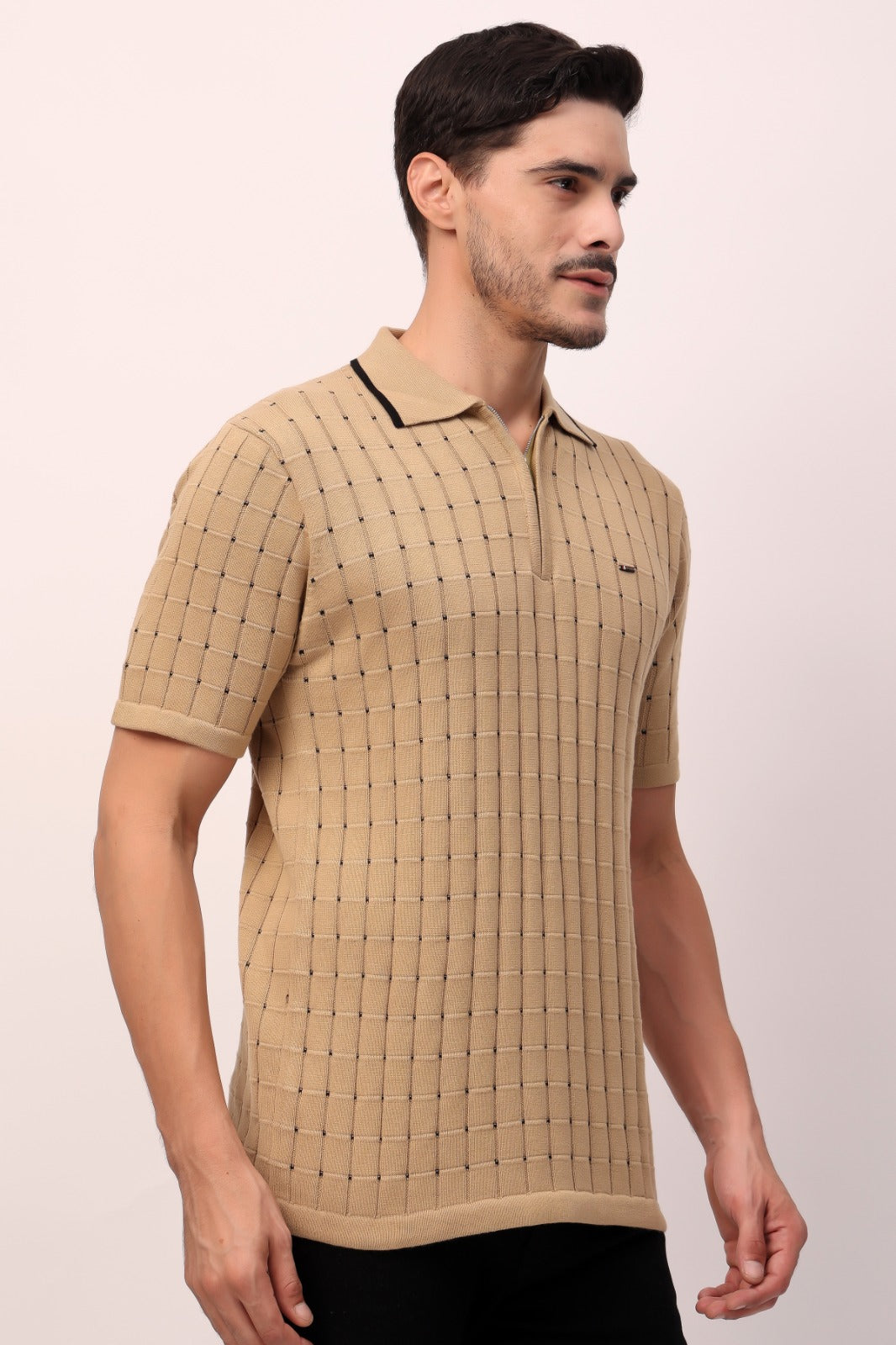 Beige Checkered Knit Polo – Effortless Smart-Casual