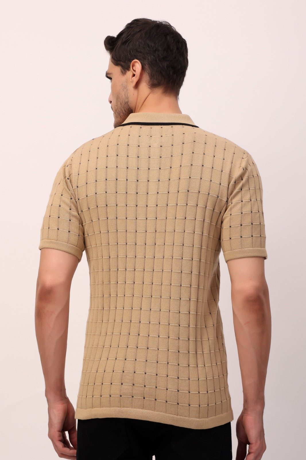 Beige Checkered Knit Polo – Effortless Smart-Casual