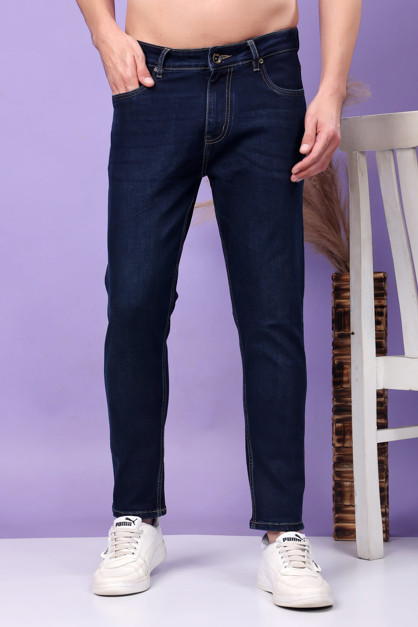 Deep Navy Blue Raw Denim Straight Leg Jeans