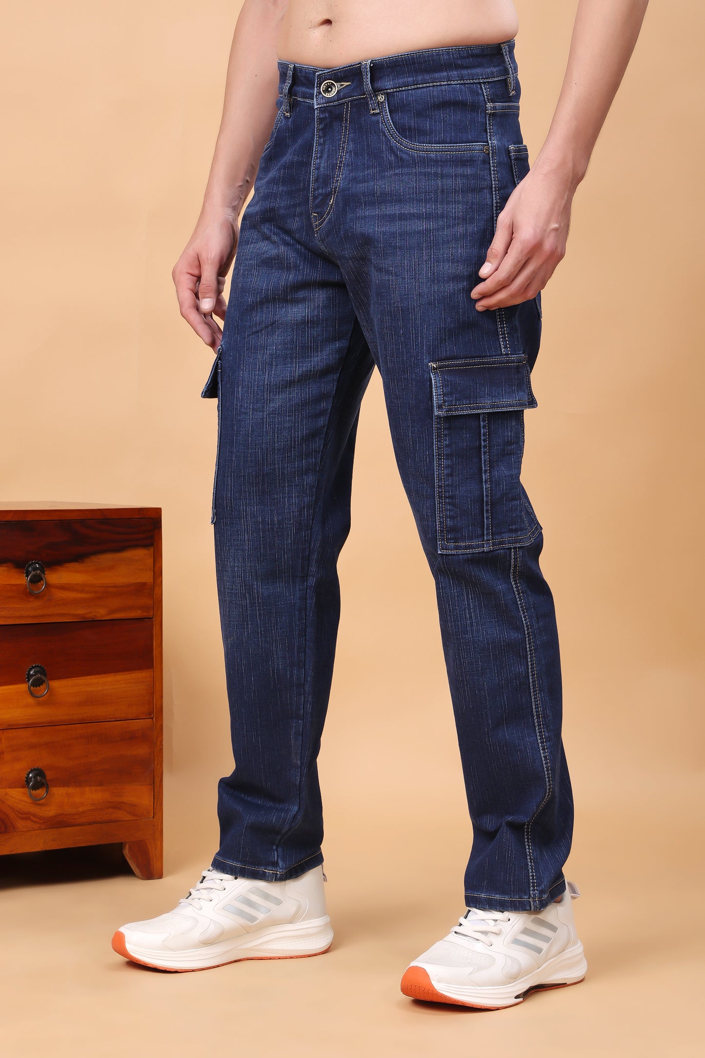 Dark Indigo Blue Multi-Pocket Cargo Denim Jeans