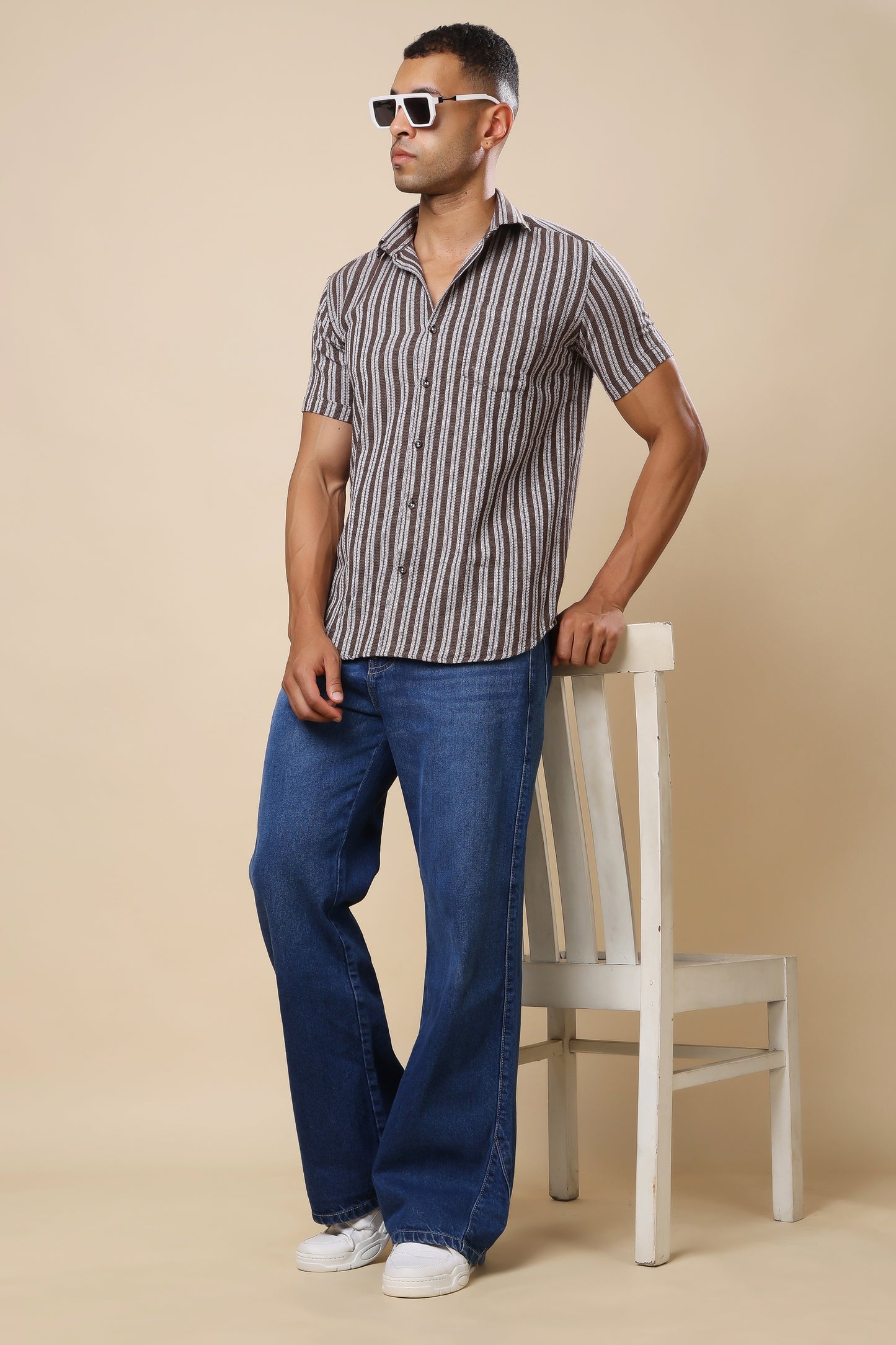 Men's Brown Striped Short - Sleeve Shirt