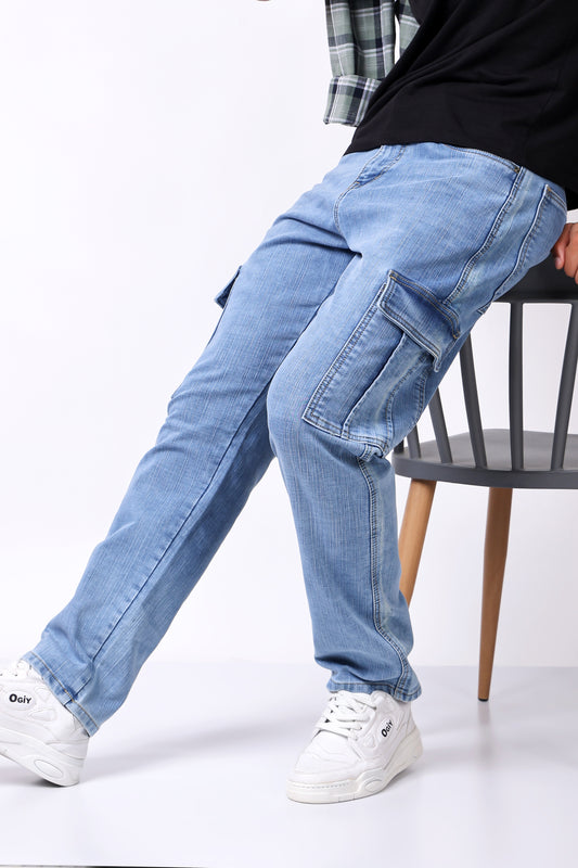 Light Blue Washed Denim Cargo Jeans with Utility Pockets