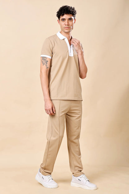 Men’s Beige Polo Co-ord Set (T-Shirt & Trousers)