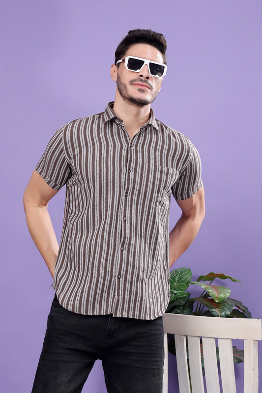 Men's Brown Striped Short - Sleeve Shirt