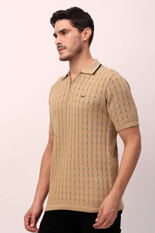 Beige Checkered Knit Polo – Effortless Smart-Casual