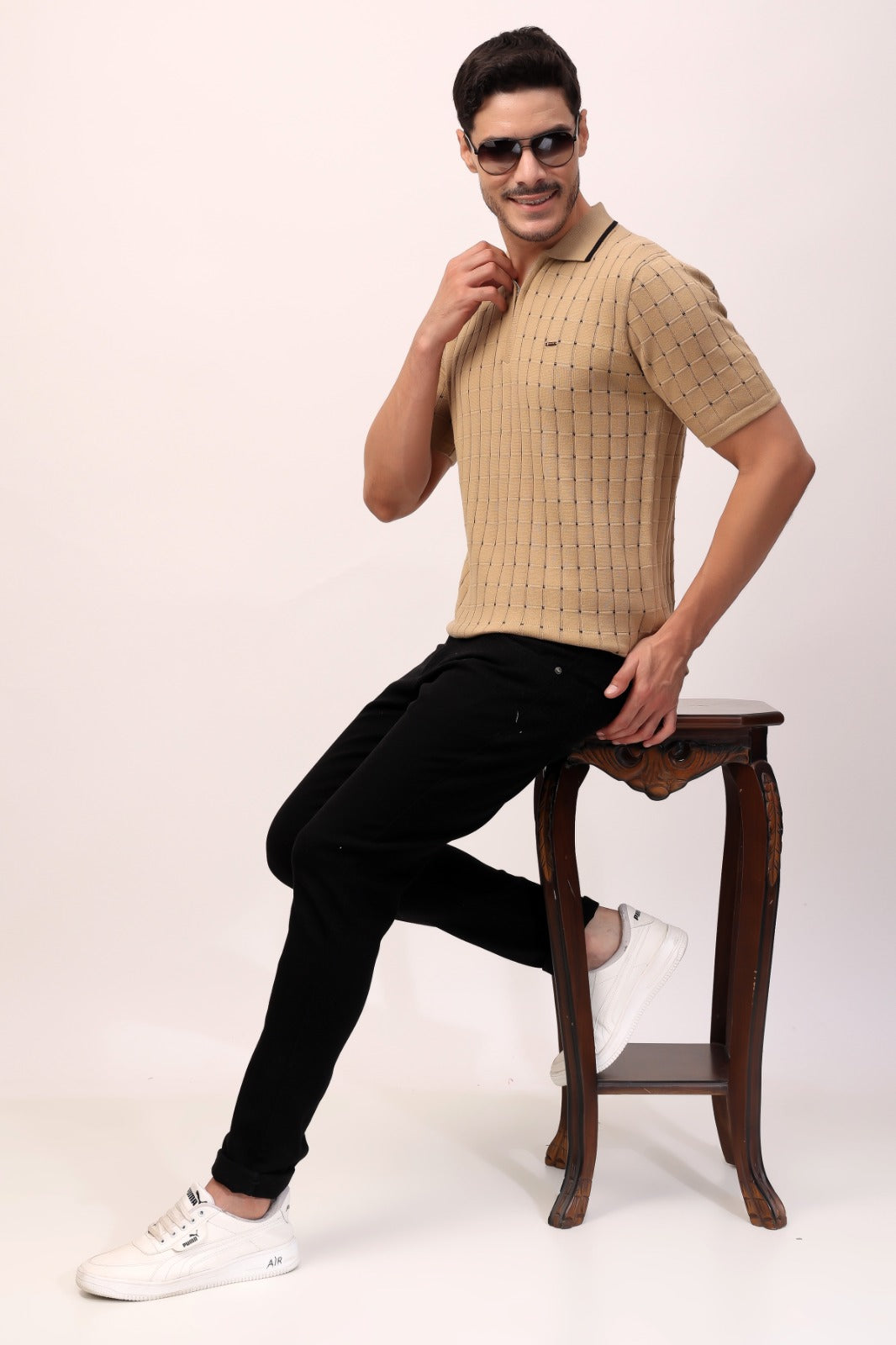 Beige Checkered Knit Polo – Effortless Smart-Casual