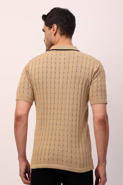 Beige Checkered Knit Polo – Effortless Smart-Casual