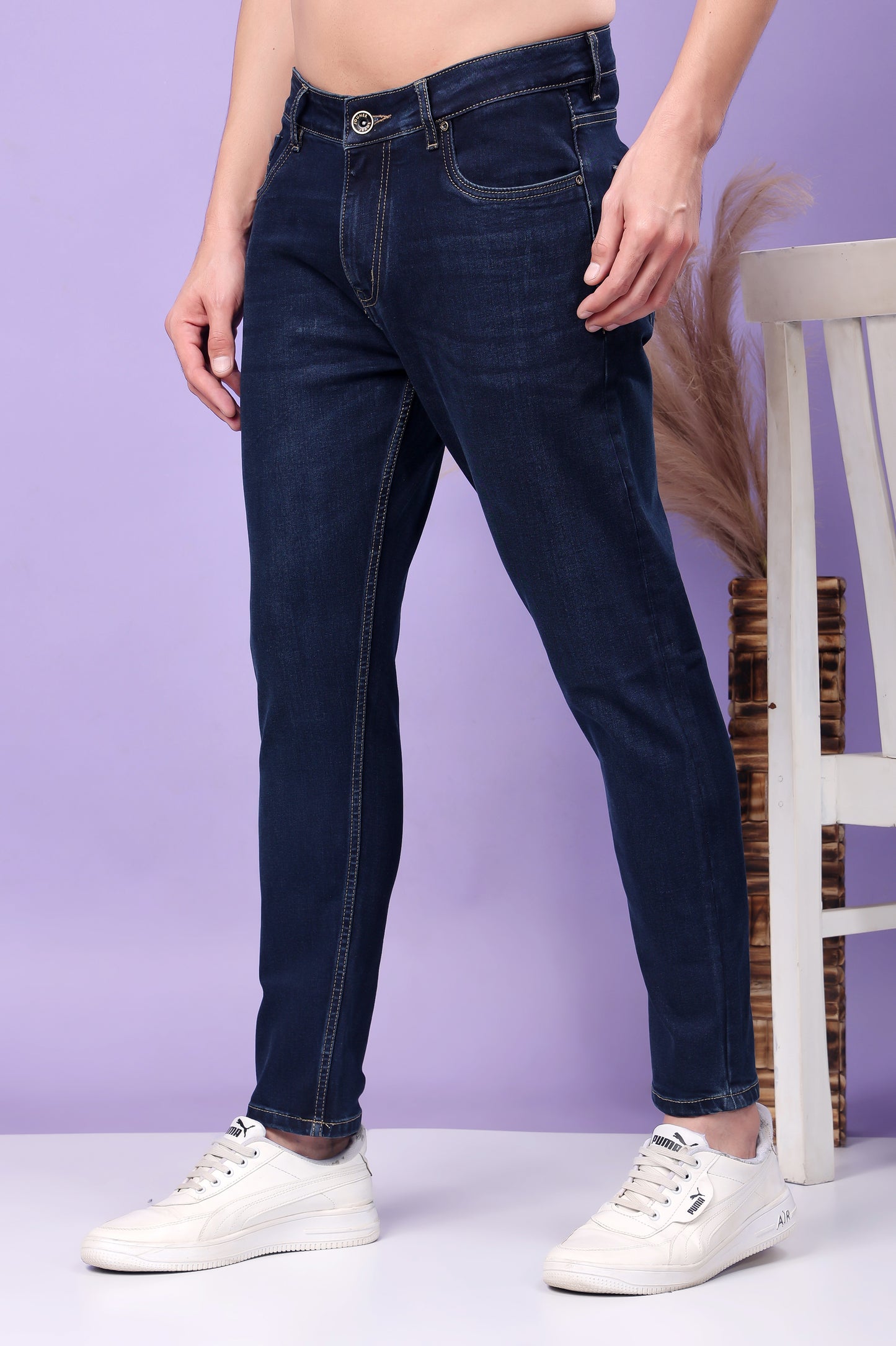 Deep Navy Blue Raw Denim Straight Leg Jeans