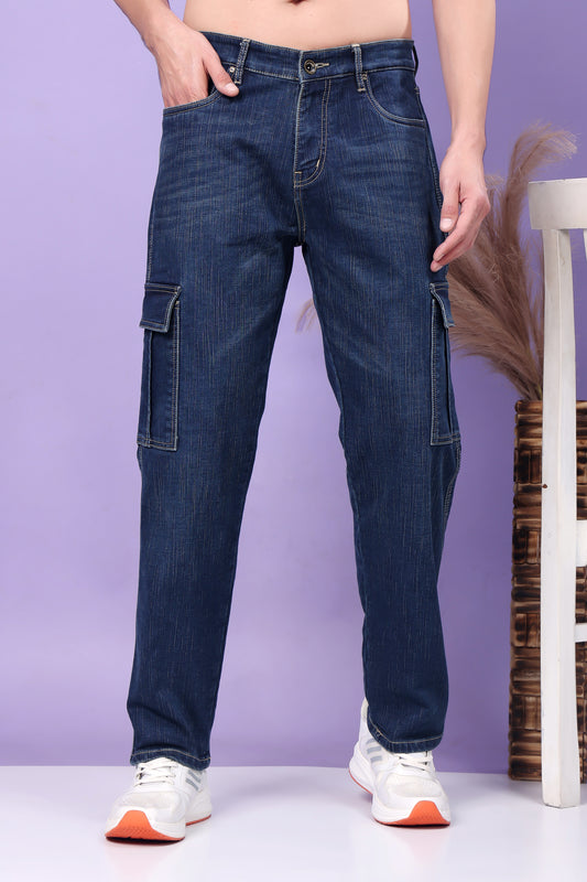 Indigo Blue Denim Cargo Jeans with Side Pockets