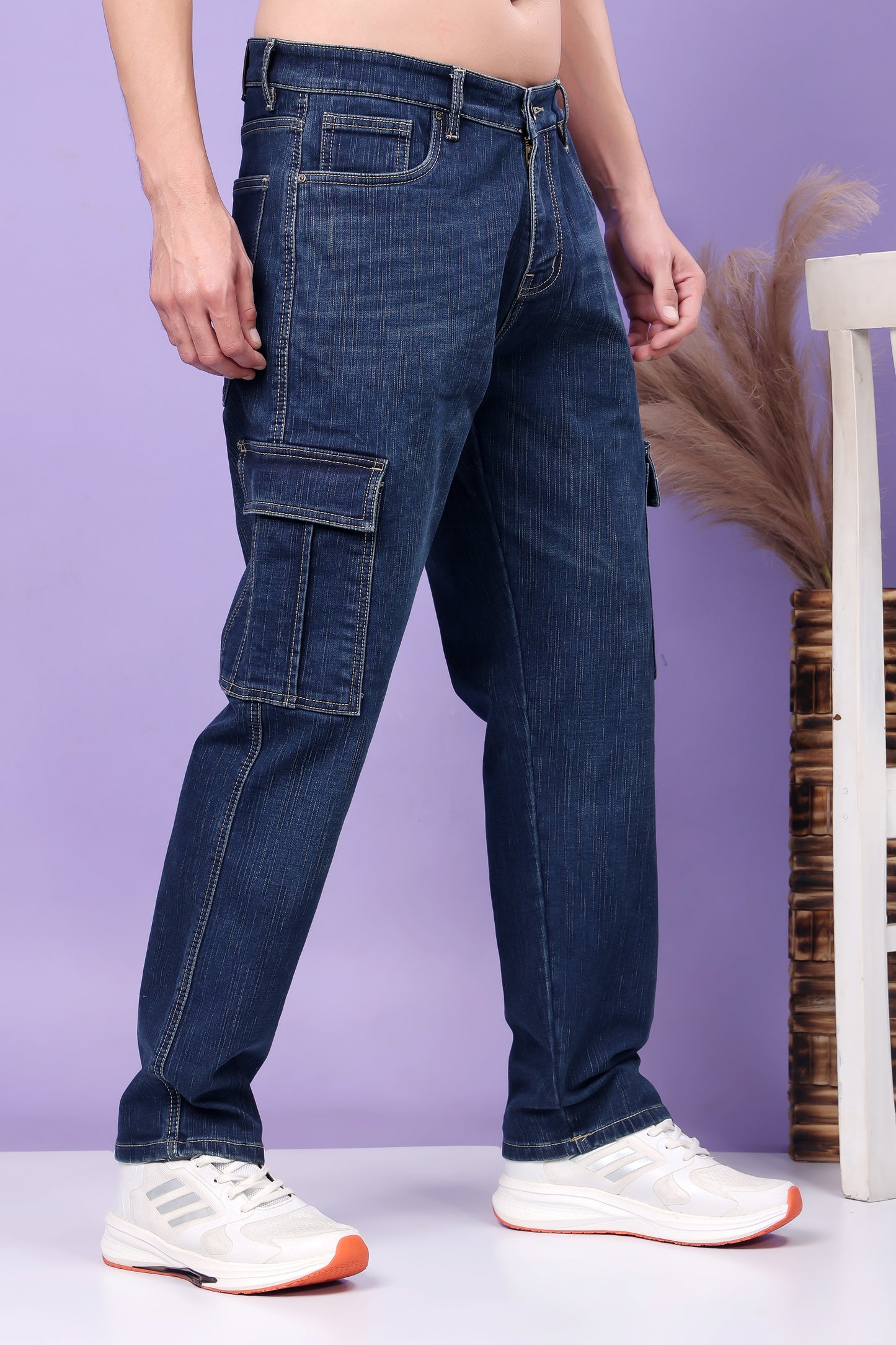 Indigo Blue Denim Cargo Jeans with Side Pockets
