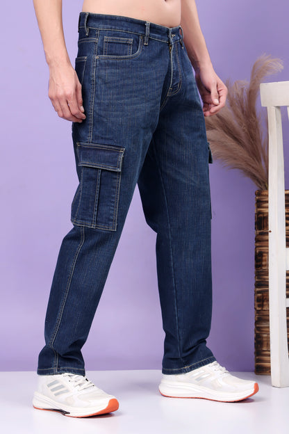 Indigo Blue Denim Cargo Jeans with Side Pockets