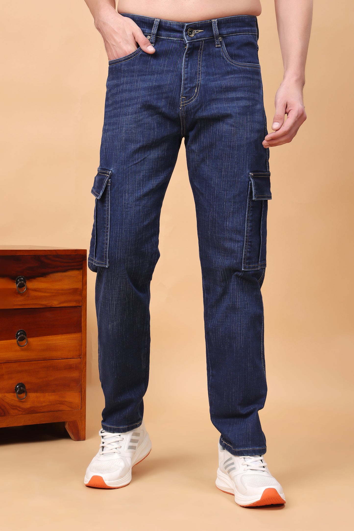 Dark Indigo Blue Multi-Pocket Cargo Denim Jeans