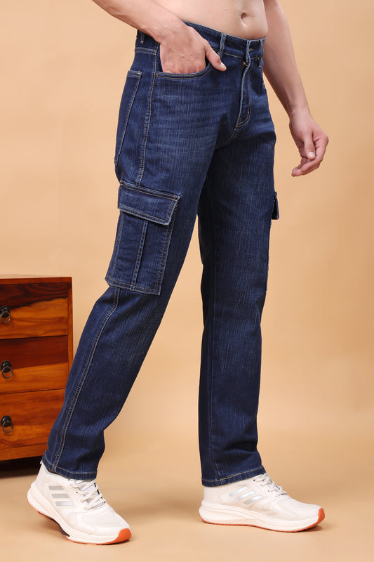 Dark Indigo Blue Multi-Pocket Cargo Denim Jeans