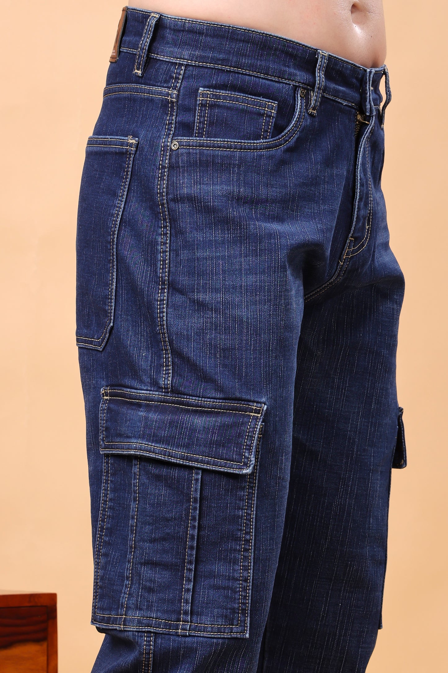 Dark Indigo Blue Multi-Pocket Cargo Denim Jeans