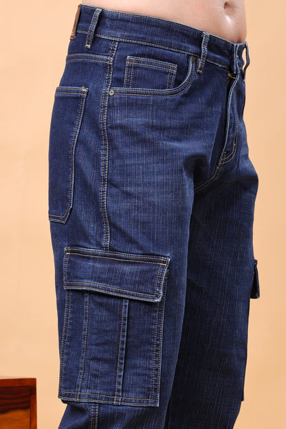 Dark Indigo Blue Multi-Pocket Cargo Denim Jeans
