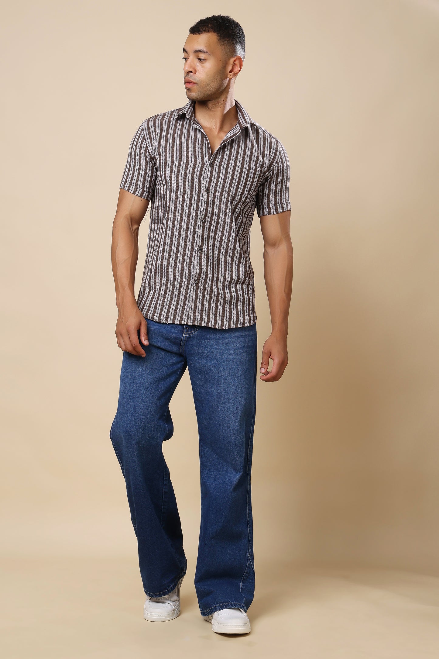 Men's Brown Striped Short - Sleeve Shirt