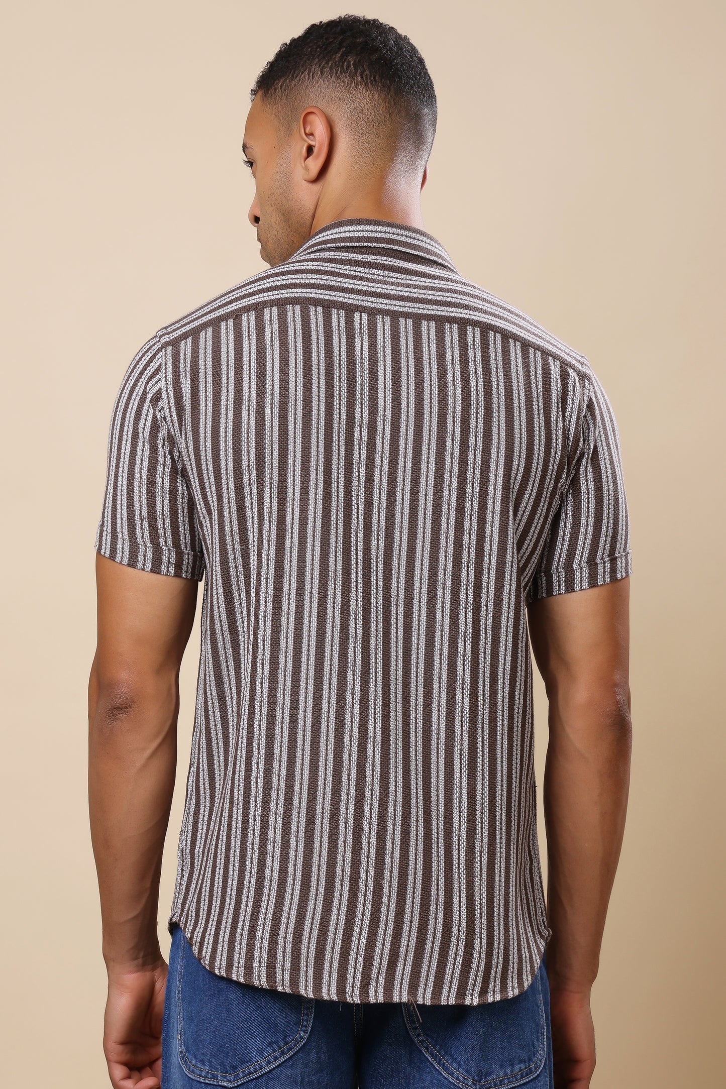 Men's Brown Striped Short - Sleeve Shirt